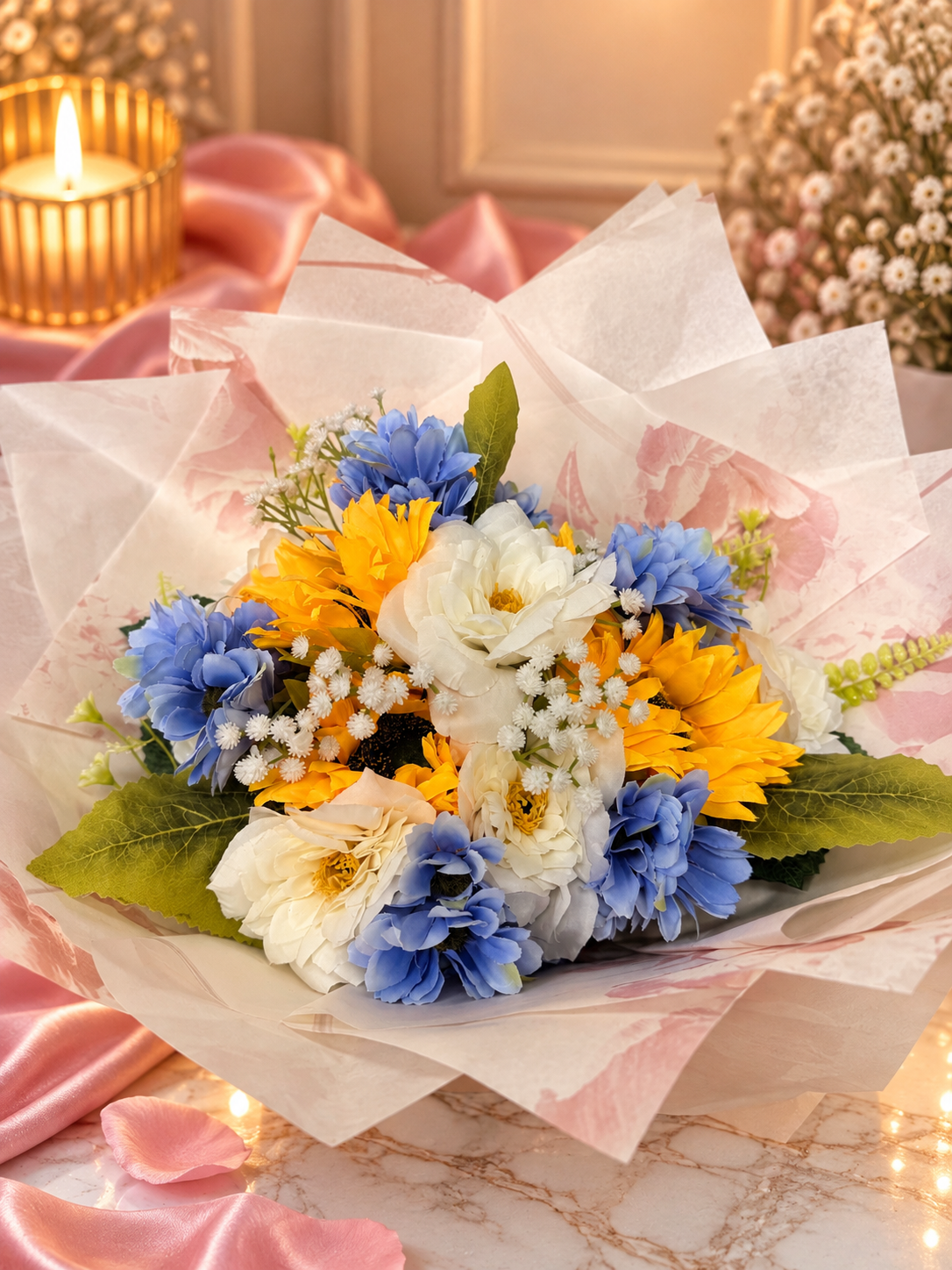 Yellow and blue Mother's Day floral bouquet